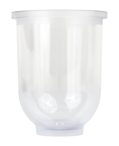 Przezroczyste naczynie odstojnikowe z tworzywa sztucznego bez zaworu spustowego, o kompaktowym kształcie i jednolitym dnie