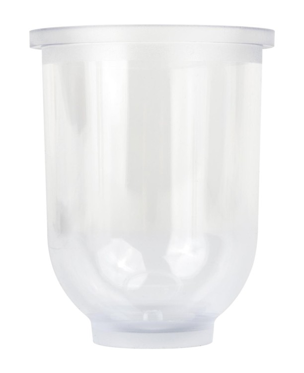 Przezroczyste naczynie odstojnikowe z tworzywa sztucznego bez zaworu spustowego, o kompaktowym kształcie i jednolitym dnie