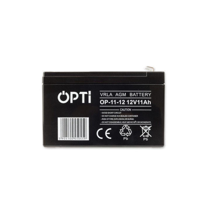 Bezobsługowy akumulator AGM OPTI 12V 11Ah VRLA z oznaczeniami bezpieczeństwa i parametrami technicznymi