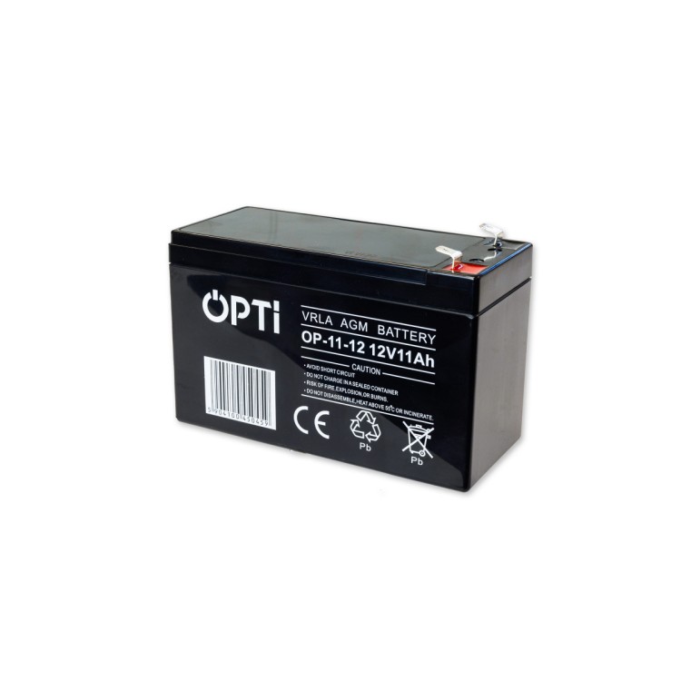 Czarny akumulator AGM OPTI 12V 11 Ah VRLA z metalowymi zaciskami i opisem technicznym na obudowie
