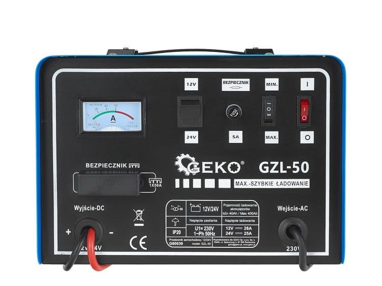 Prostownik samochodowy GZL-50 GEKO 12/24V z metalową obudową, wskaźnikiem, przełącznikami i uchwytem