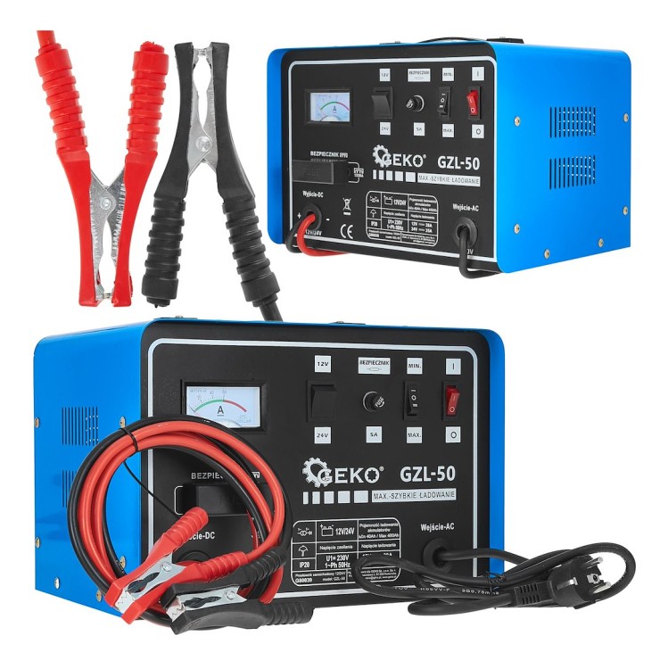 Prostownik samochodowy 12/24V GZL-50 GEKO z przewodami i uchwytem, metalowa obudowa, wskaźnik amperomierza