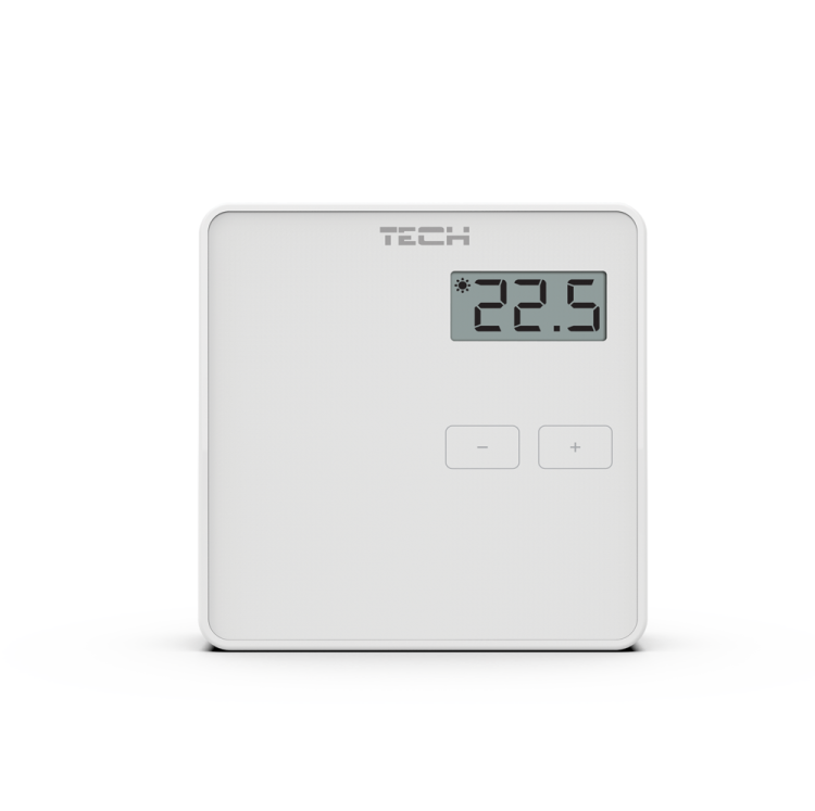 Przewodowy biały regulator pokojowy dwustanowy z wyświetlaczem LCD i przyciskami plus i minus