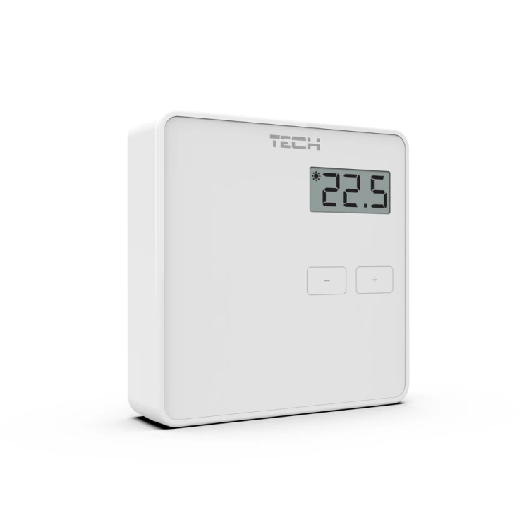 Przewodowy regulator pokojowy dwustanowy biały ST-249v1 z czytelnym wyświetlaczem temperatury i przyciskami plus minus