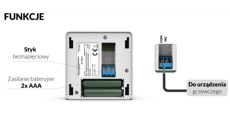 Przewodowy regulator pokojowy zasilany 2x AAA z beznapięciowym stykiem do urządzenia grzewczego