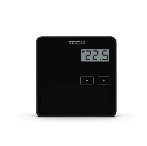Czarny przewodowy regulator pokojowy dwustanowy TECH z wyświetlaczem LCD i przyciskami plus i minus