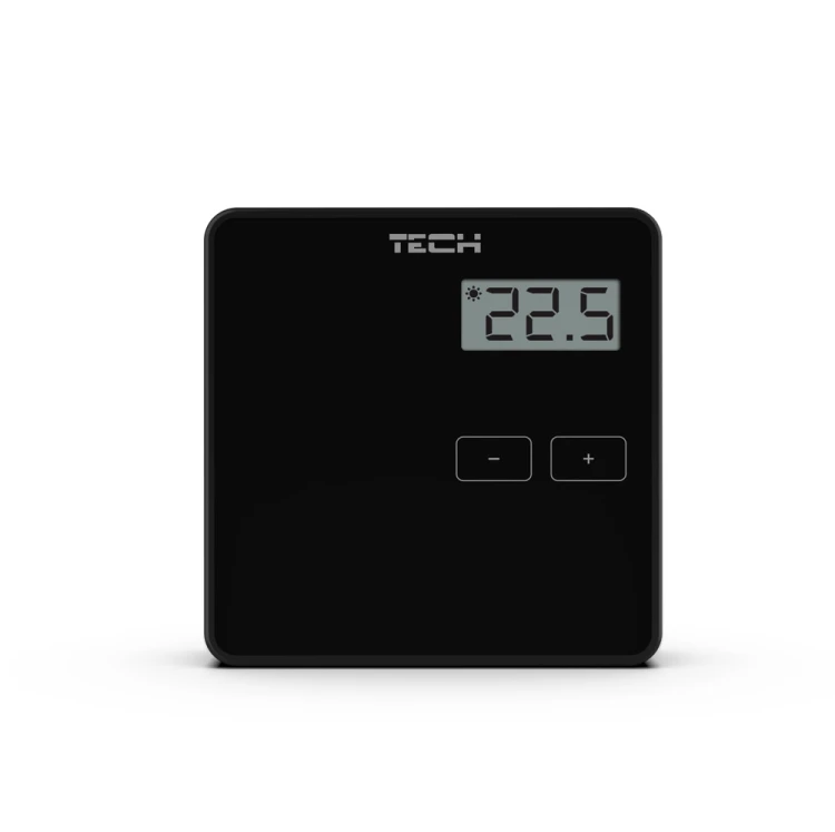 Czarny przewodowy regulator pokojowy dwustanowy TECH z wyświetlaczem LCD i przyciskami plus i minus