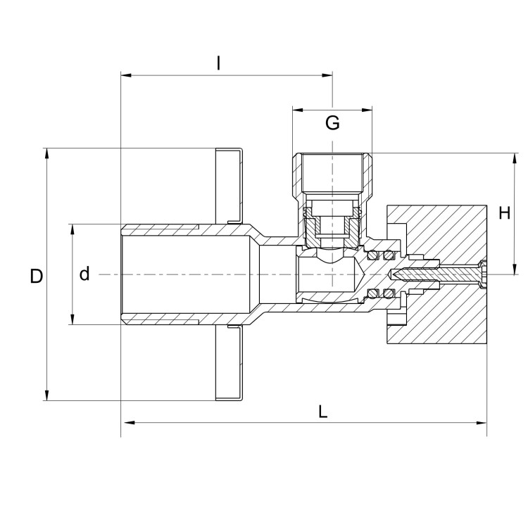 Przekrój zaworu kulowego kątowego antykamiennego 1/2"x3/8" z wymiarami technicznymi