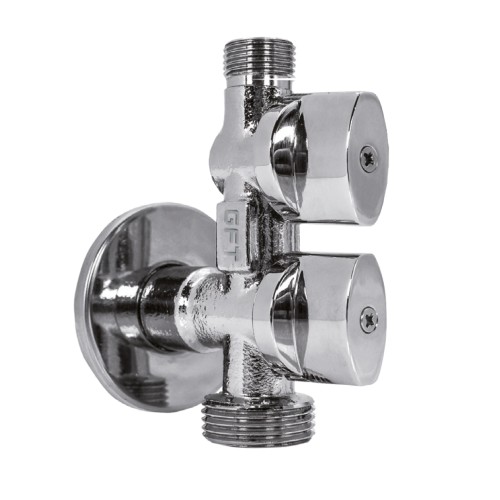 Zawór kątowy kombinowany 1/2''x3/4''x3/8'' Hyper Combi GFT z metalowymi pokrętłami i chromowanym wykończeniem