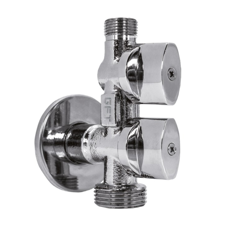 Zawór kątowy kombinowany 1/2''x3/4''x3/8'' Hyper Combi GFT z metalowymi pokrętłami i chromowanym wykończeniem