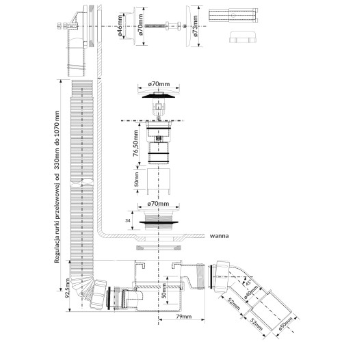 Schemat techniczny syfonu wannowego klik-klak z teleskopową rurką przelewową i wymiarami montażowymi
