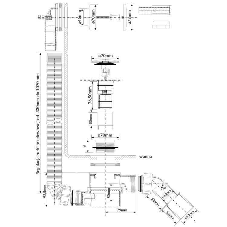 Schemat techniczny syfonu wannowego klik-klak z teleskopową rurką przelewową i wymiarami montażowymi