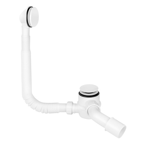 Biały syfon wannowy klik-klak z teleskopową rurką przelewową i mechanizmem otwierania od góry