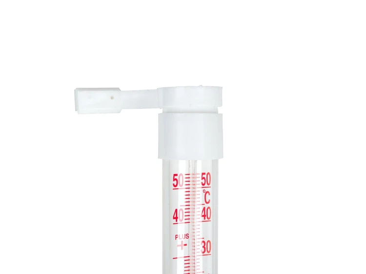 Biały termometr zaokienny 233x24mm z czytelną skalą 0-50°C i uchwytem montażowym