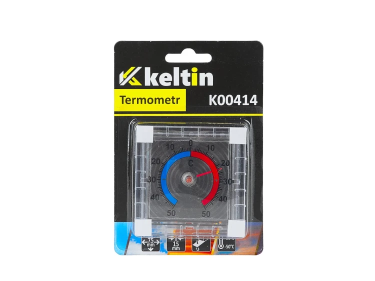 Termometr zaokienny samoprzylepny Keltin 75x75mm z kolorową skalą temperatur -50°C do 50°C