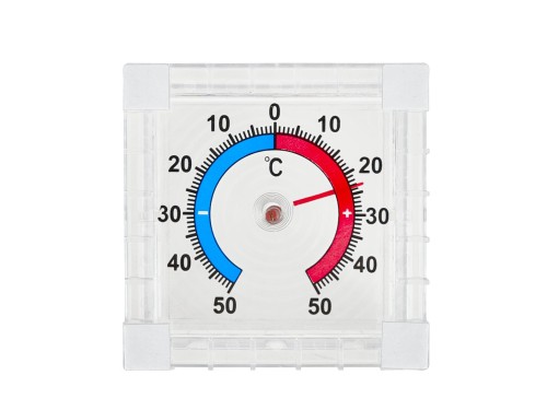 Przezroczysty termometr zaokienny z samoprzylepną taśmą, skala od -50 do 50°C z niebieską i czerwoną strefą temperatur