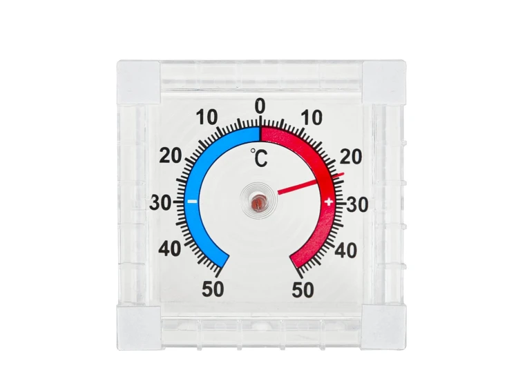 Przezroczysty termometr zaokienny z samoprzylepną taśmą, skala od -50 do 50°C z niebieską i czerwoną strefą temperatur