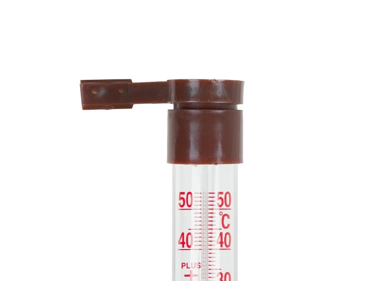 Brązowy termometr zaokienny z uchwytem, skala od -50°C do 50°C, długość 233 mm