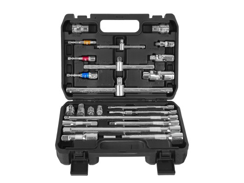 Zestaw 25 elementów przedłużek, pokręteł i adapterów 1/4, 3/8, 1/2 cala w walizce transportowej