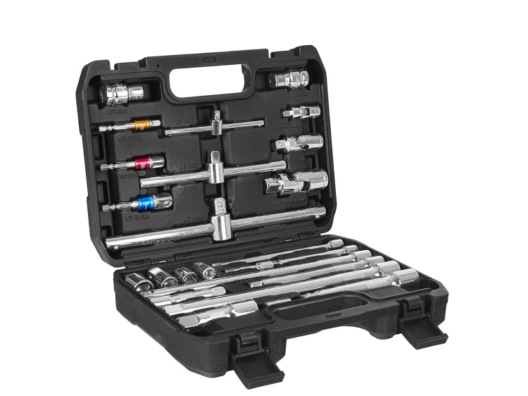 Zestaw 25 narzędzi Geko z przedłużkami, pokrętłami i adapterami w walizce transportowej