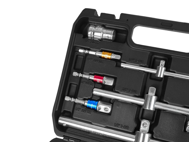 Zestaw przedłużek, pokręteł i adapterów CRV w walizce do nasadek 1/4", 3/8", 1/2"
