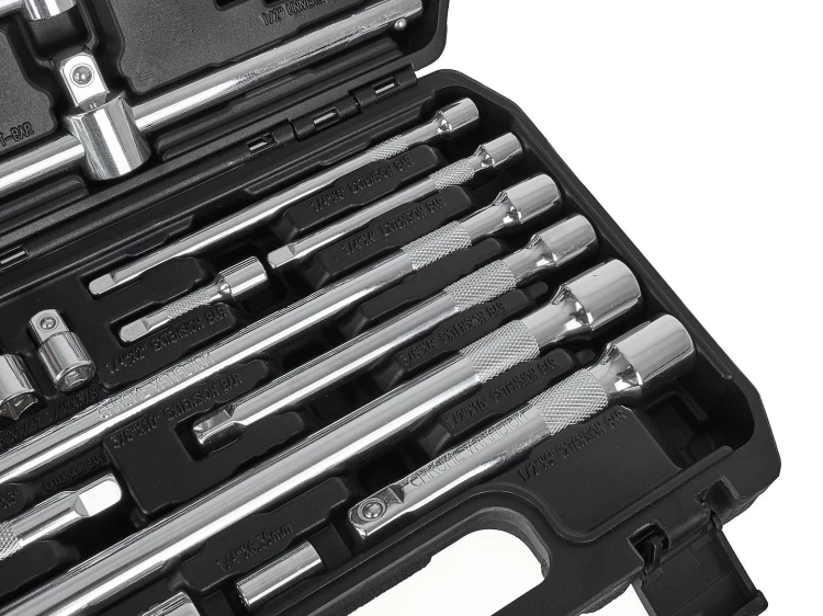 Zestaw 25 przedłużek, pokręteł i adapterów 1/4 3/8 1/2 cala w walizce, stal CRV