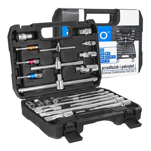 Zestaw 25 przedłużek, pokręteł i adapterów 1/4", 3/8", 1/2" w walizce transportowej