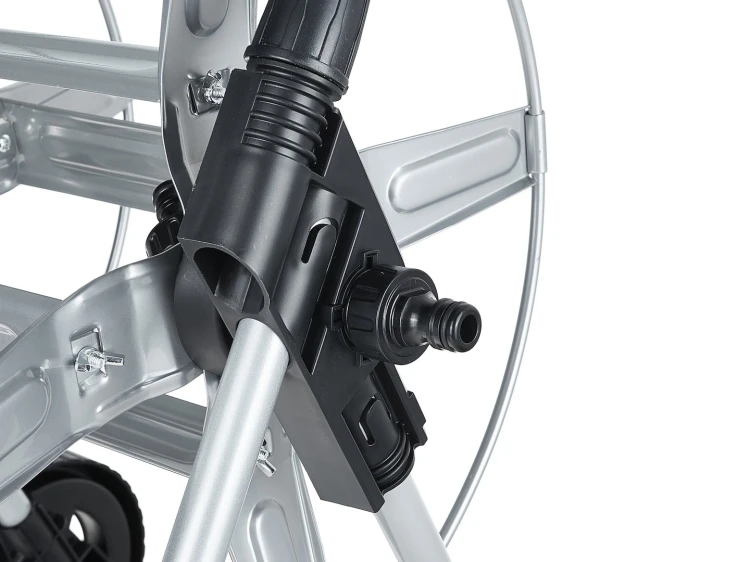 Metalowy wózek na wąż ogrodowy 1/2" z korbką i dużymi kołami, model SKY-LINE