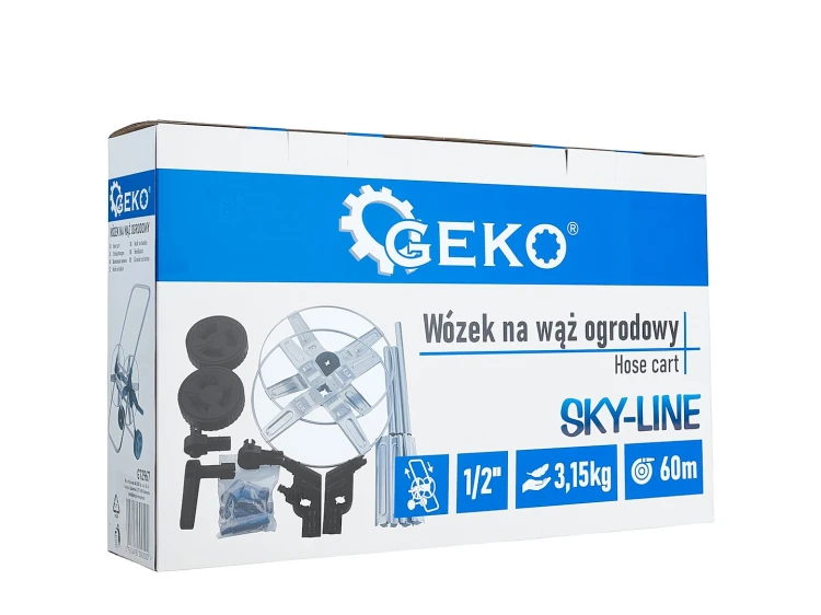 Metalowy wózek na wąż ogrodowy 1/2" do 60 m z korbką i kołami SKY-LINE Geko