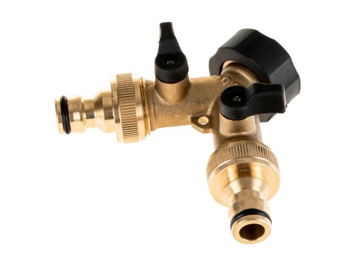 Rozdzielacz 2-drożny mosiężny z dwoma zaworami kulowymi i szybkozłączami 3/4 cala