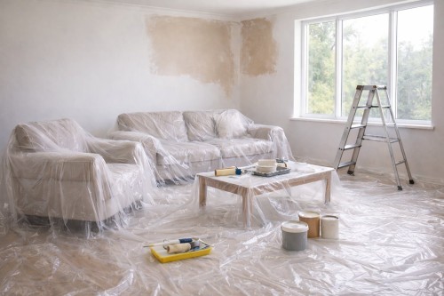 Meble i podłoga zabezpieczone grubą transparentną folią malarską 4x5m podczas remontu