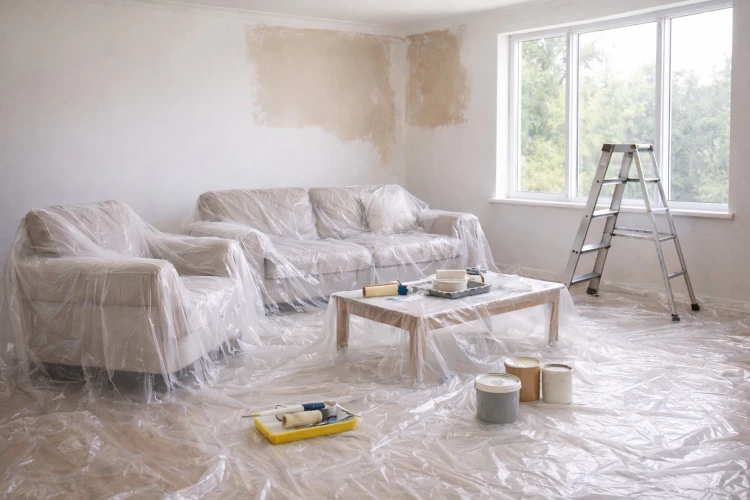 Meble i podłoga zabezpieczone grubą transparentną folią malarską 4x5m podczas remontu