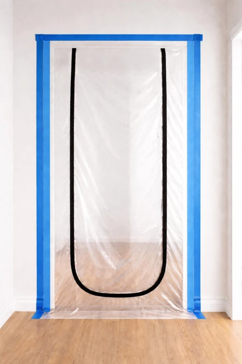 Przezroczysta folia przeciwpyłowa z zamkiem U, przymocowana taśmą malarską do framugi drzwi