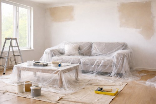 Sofa i stolik zabezpieczone przezroczystą folią malarską HDPE podczas remontu
