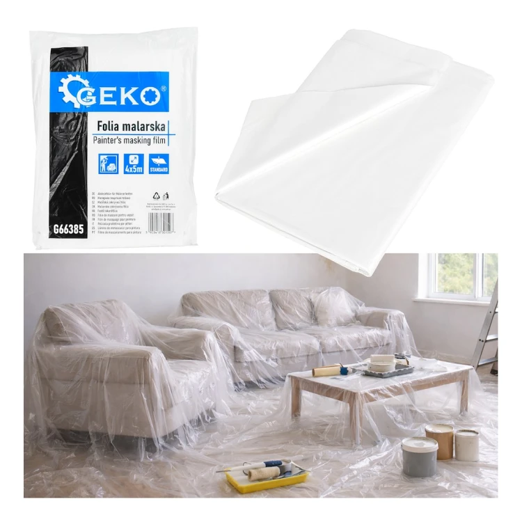 Transparentna folia malarska HDPE 4x5 m na meblach i podłodze do ochrony podczas remontu