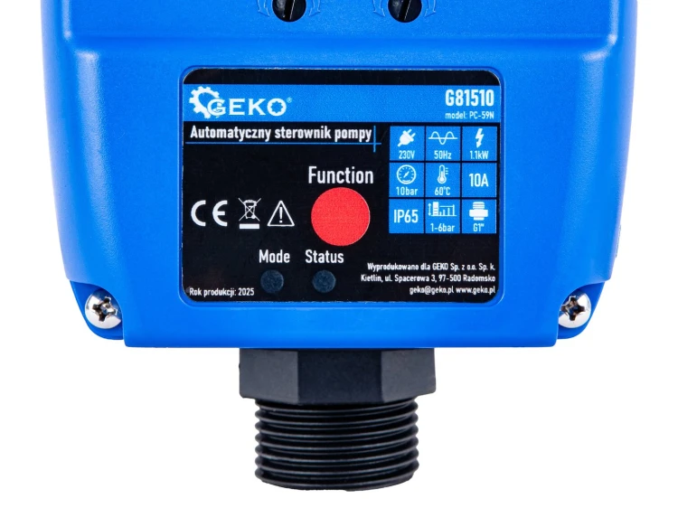 Automatyczny sterownik pompy Geko PC-59N z wyświetlaczem, przyłączem 1 cala i wskaźnikami trybu pracy