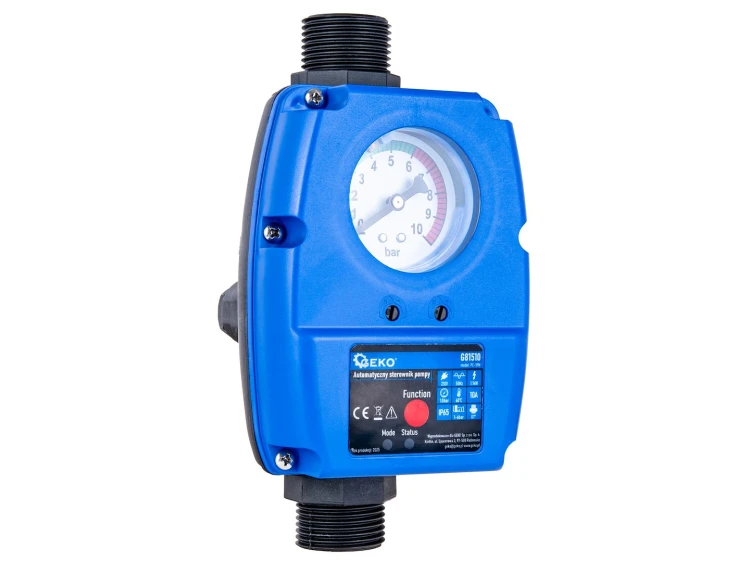 Automatyczny sterownik pompy PC-59N Geko z manometrem i przyłączami 1 cala, niebieska obudowa