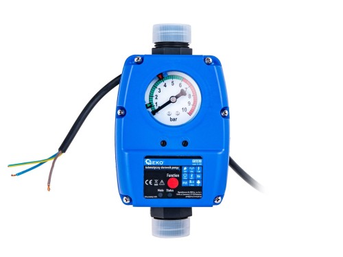 Sterownik automatyczny pompy Geko PC-59N z manometrem, przewodem zasilającym i wskaźnikami LED