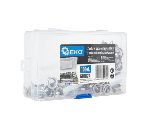 Przezroczyste pudełko z organizerem zawierające 100 stalowych oczek do plandeki, zakuwak i dziurkacz 10 mm