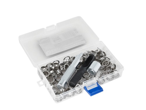 Zestaw 100 stalowych oczek do plandeki z zakuwakiem i dziurkaczem 10 mm w organizerze