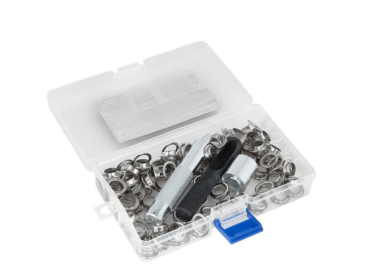 Zestaw 100 stalowych oczek do plandeki z zakuwakiem i dziurkaczem 10 mm w organizerze