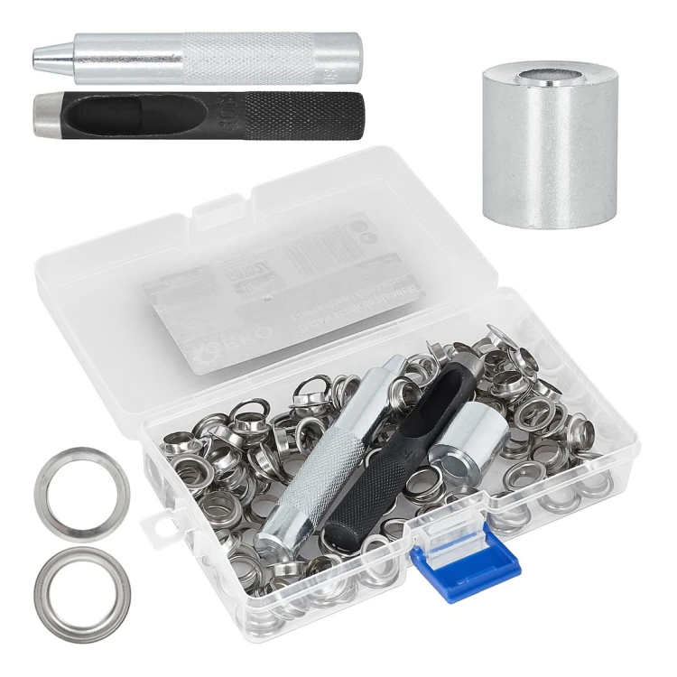 Zestaw 100 stalowych oczek do plandeki z zakuwakiem i dziurkaczem 10 mm w organizerze