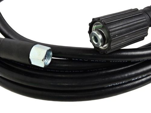 Czarny wąż do myjki wysokociśnieniowej 10m z metalowymi końcówkami gwint 14 i 22 mm