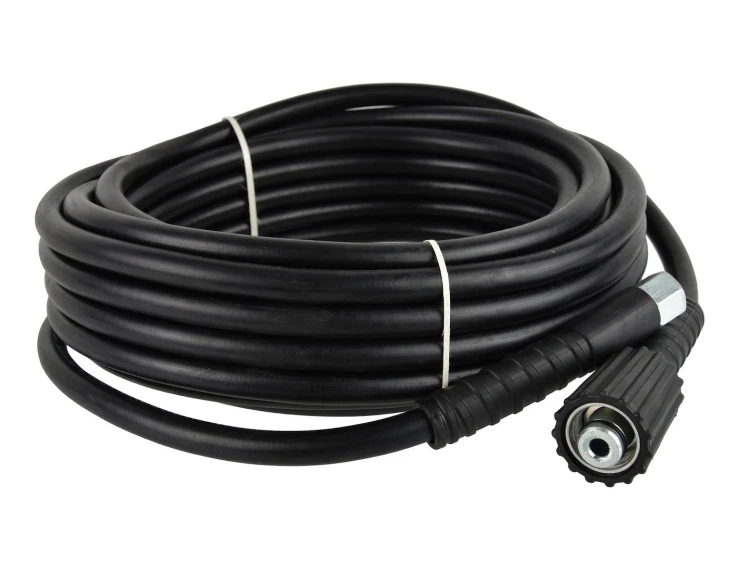 Czarny 10-metrowy wąż do myjki wysokociśnieniowej z gwintami 14 mm i 22 mm