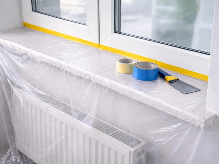 Folia malarska antychlap z taśmą washi zabezpieczająca parapet i grzejnik przy oknie