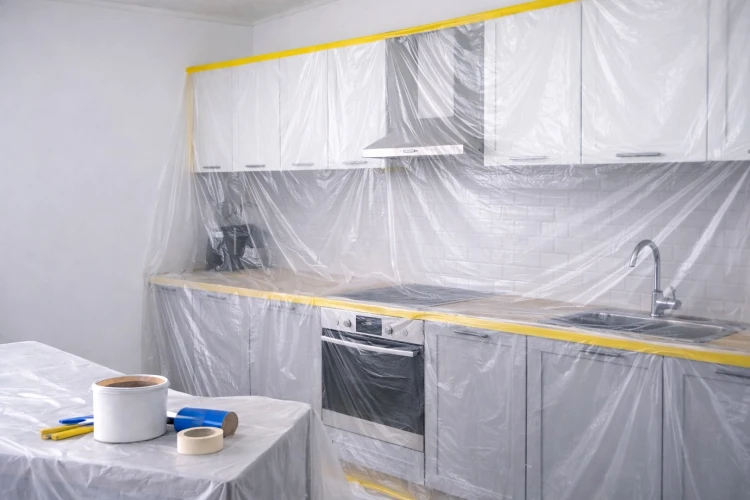 Folia malarska antychlap z taśmą washi 16 mm zabezpieczająca kuchenną zabudowę i blat podczas remontu