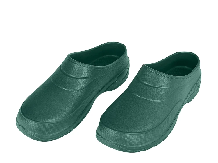 Zielone lekkie chodaki ogrodowe z pianki EVA, rozmiar 42, zabudowany przód, antypoślizgowa podeszwa