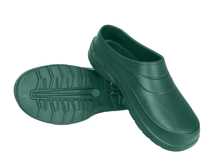 Zielone lekkie chodaki ogrodowe z pianki EVA, antypoślizgowa podeszwa i zabudowany przód, rozmiar 42