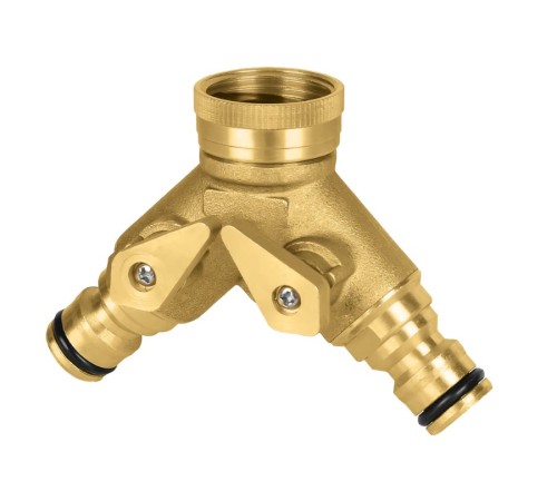 Podwójny rozdzielacz mosiężny BRASS 52-882 z regulacją przepływu i szybkozłączami
