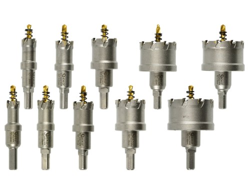 Komplet 10 otwornic widiowych do metalu w rozmiarach 16-53mm z wiertłem tytanowym i sprężyną